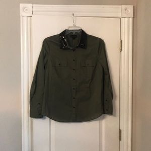 Khaki blouse with black sequin collar